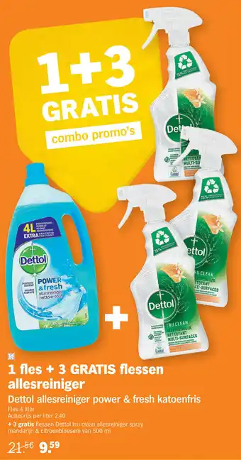 Albert Heijn Dettol allesreiniger power & fresh katoenfris +3 gratis flessen dettol tru allesreiniger spray mandarijn & citroenblossem aanbieding