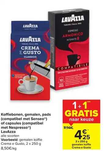 Koffiebonen, gemalen, pads (compatibel met Senseo) of capsules (compatibel met Nespresso) LavAzza
