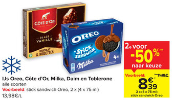 Carrefour IJs Oreo, Cote d'Or, Milka, Daim en Toblerone aanbieding