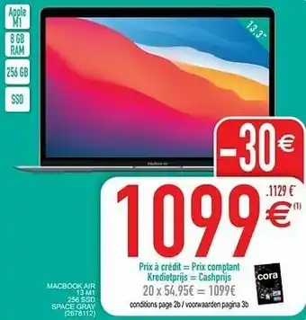 Cora Apple macbook air 13 m1 256 ssd space gray aanbieding