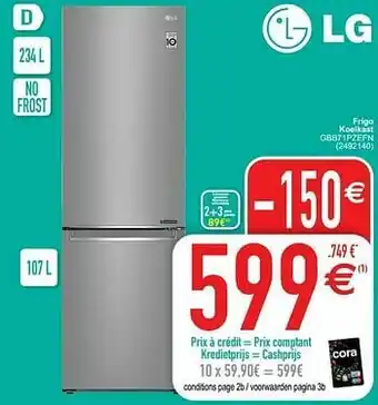 Cora Lg frigo koelkast gbb71pzefn aanbieding