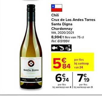 Carrefour Chili cruz de los andes torres santa digna chardonnay wit 2020-2021 aanbieding