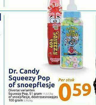 Action Dr. Candy Squeezy Pop Of Snoepflesje aanbieding