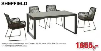 5 Delig Tuinset, Tafel Heritage, Matt Carbon Grijs Alu Frame 160x95x75 Cm + 4x Dining Stoel Sheffield