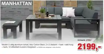Paradisio Manhattan Modern 5-delig Aluminium Tuinset, Kleur Carbon Black 2x2-zitsbank + Hoek + Tafel Hoog + Bank, 12 Reflexblack Kussen aanbieding