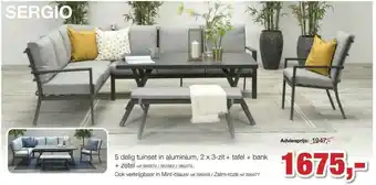 Sergio 5 Delig Tuinset In Aluminium, 2x3 Zit + Tafel + Bank + Zetel