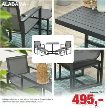 Paradisio Alabama 5-delige Balkonset In Aluminium, 2 Stoelen + 2 Voetbanken + 1 Tafel 65 X 95,5 Cm, Kleur Carbon Black aanbieding