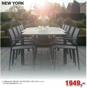 New York 11 Delig Tuinset, Tafel New York 220 (340)x106x76 Cm + 10 X Bora Stapelstoel