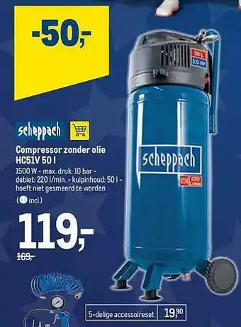 Makro Scheppach compressor zonder olie hc51v 50l aanbieding
