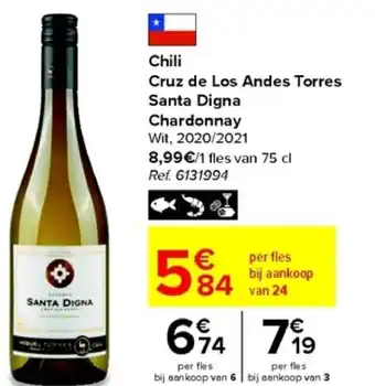 Carrefour Chili Cruz de Los Andes Torres Santa Digna Chardonnay Wit 2020/2021 aanbieding