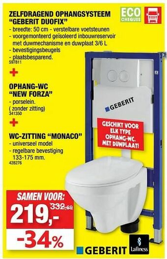 Hubo Zelfdragend ophangsysteem geberit duofix + ophang-wc new forza + wc-zitting monaco aanbieding
