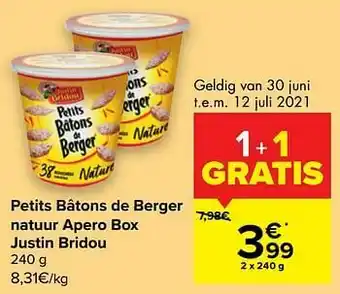 Carrefour Market Petits bâtons de berger natuur apero box justin bridou aanbieding