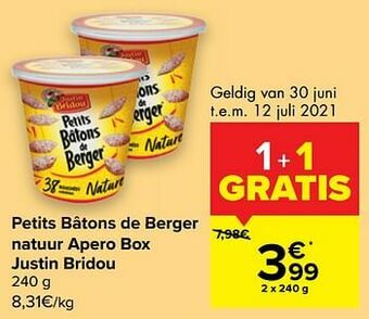 Carrefour Petits bâtons de berger natuur apero box justin bridou aanbieding