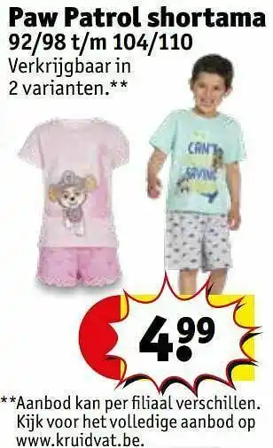 Kruidvat Paw patrol shortama aanbieding