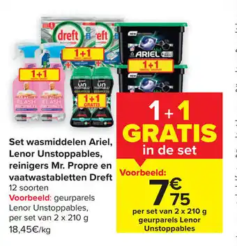 Carrefour Set Wasmiddelen Ariel, Lenor Unstoppables, Reinigers Mr. Propre en Vaatwastabletten Dreft aanbieding