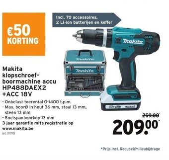 GAMMA Makita klopschroef boormachine accu HP488DAEX2 +ACC 18V aanbieding
