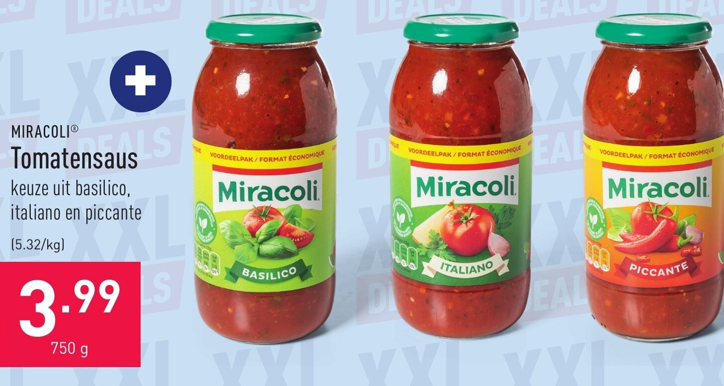 Miracoli Tomatensaus 750g Basilico , Italiano en Piccante promotie bij ALDI
