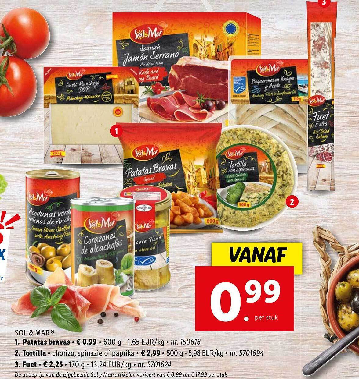Patatas bravas, tortilla, fuet promotie bij Lidl