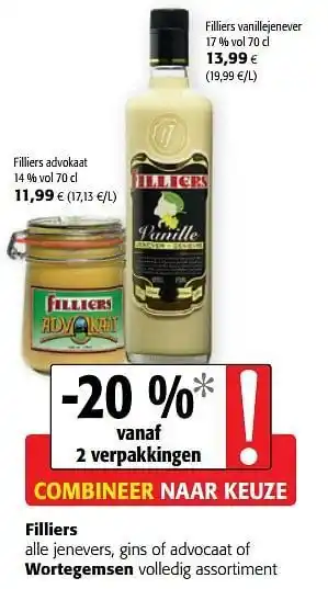 Colruyt Filliers alle jenevers, gins of advocaat of wortegemsen volledig assortiment aanbieding