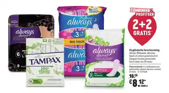 Delhaize Hygienische Bescherming Always (platinum, Discreet, Liners Of Cotton Protection) Of Tampax (cotton Protection) aanbieding