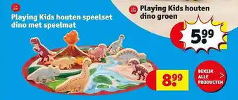Kruidvat Playing kids houten speelset dino met speelmat, playing kids houten dino groen aanbieding
