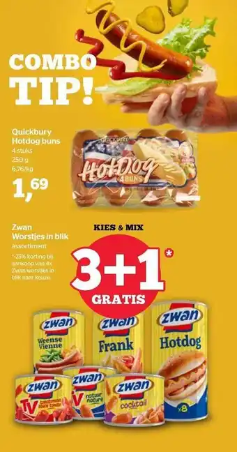 Spar Quickbury hotdog buns, zwan worstjes in blik aanbieding