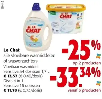 Colruyt Le Chat Vloeibaar wasmiddel Sensitive 34 dosissen 1,7L, Discs 4 in 1 Sensitive 16 dosissen aanbieding