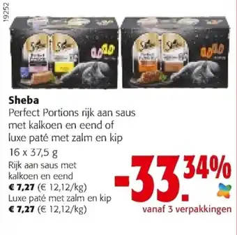 Colruyt Sheba Rijk aan saus met kalkoen en eend, Luxe pate met zalm en kip aanbieding