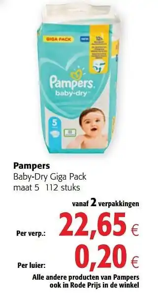 Colruyt Pampers baby-dry giga pack maat 5 112 stuks aanbieding