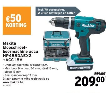 GAMMA Makita Klopschroef-boormachine accu HP488DAEX2 + Acc 18V aanbieding