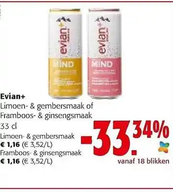 Colruyt Evian+ limoen & gembersmaak of framboos & ginsengsmaak aanbieding