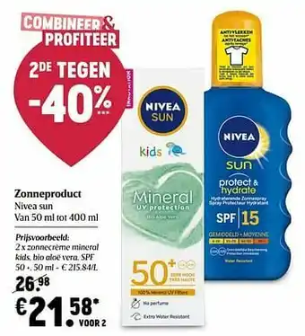 Delhaize Nivea sun zonnecrème mineral kids, bio aloë vera, spf 50 + aanbieding