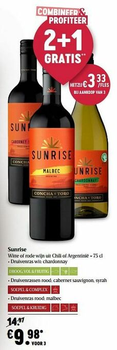 Delhaize Sunrise witte of rode wijn uit chili of argentinië aanbieding