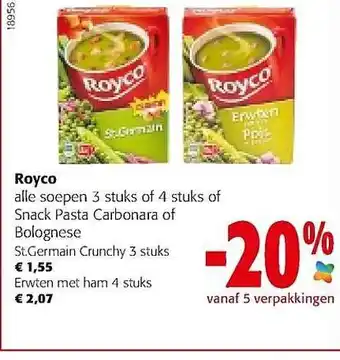 Colruyt Royco alle soepen 3 stuks of 4 stuks of snack pasta carbonara of bolognese aanbieding