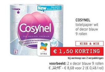 Spar Cosynel toiletpapier wit of decor blauw 9 rollen aanbieding