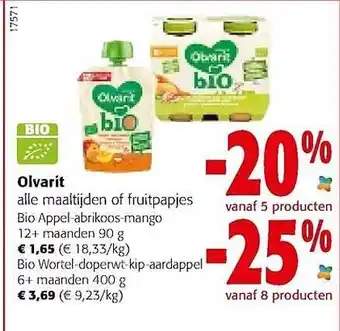 Olvarit alle maaltijden of fruitpapjes bio appel-abrikoos-mango