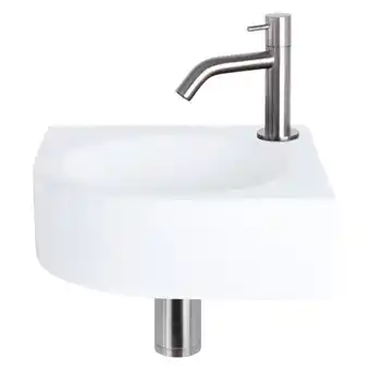 Sawiday Differnz cleo fonteinset 30x30x10cm 1 kraangat gebogen mat chroom kraan met sifon en afvoerplug fontein kwartrond keramiek wi aanbieding