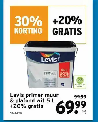 Levis Primer Muur & Plafond Wit 5 L +20% Gratis 30% Korting