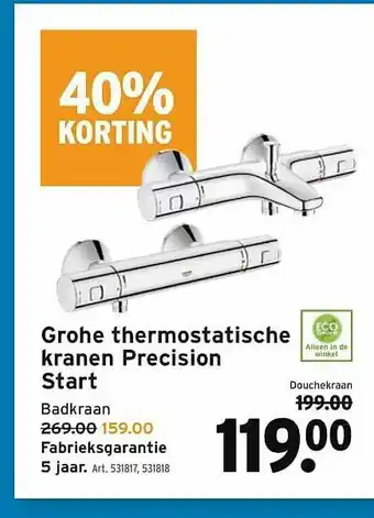 GAMMA Grohe Thermostatische Kranen Precision Start 40% Korting aanbieding