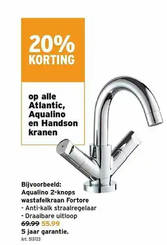 Aqualino 2-knops Wastafelkraan Fortore 20% Korting
