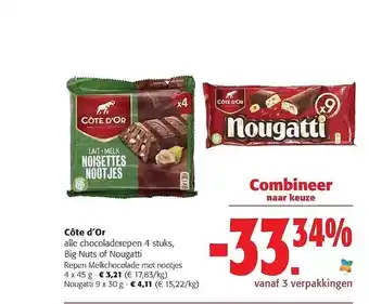 Colruyt Côte d'or chocoladerepen, big nuts of nougatti aanbieding