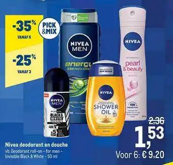 Makro Nivea Deodorant En Douche Vb. Deodorant Roll-on - For Men- Invisible Black & White aanbieding