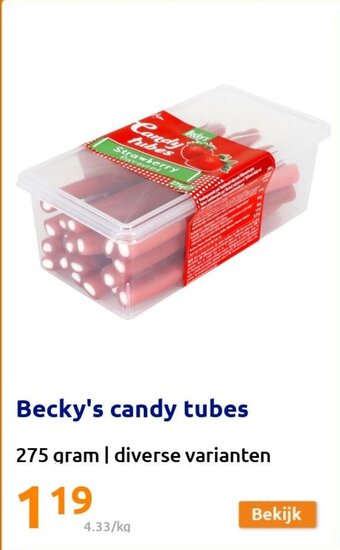 Action Becky's Candy Tubes 275 gram aanbieding