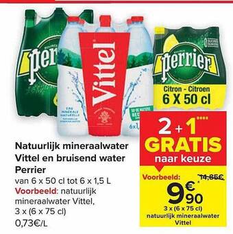 Carrefour Natuurlijk mineraalwater vittel en bruisend water perrier aanbieding