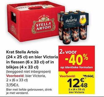 Carrefour Krat stella artois en bier victoria in flessen of in blikjes aanbieding