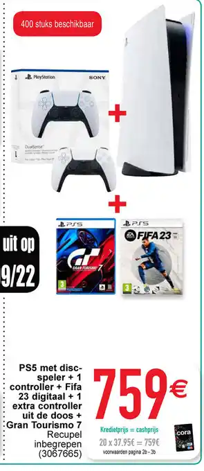 Cora PS5 met disc-speler + 1 controller + fifa 23 digitaal + 1 extra controller uit de doos + gran tourismo (3067665) aanbieding