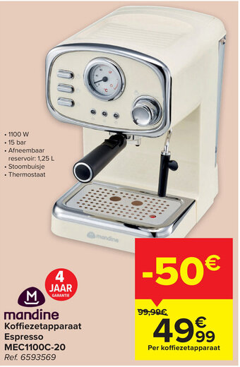 Carrefour Mandine Koffiezetapparaat Espresso MEC1100C-20 aanbieding