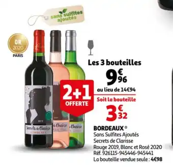 Bordeaux Sans Sulfites Ajoutés Secrets de Clarisse Rouge 2019 Blanc et Rosé 2020