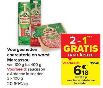 Carrefour Voorgesneden charcuterie en worst marcassou aanbieding