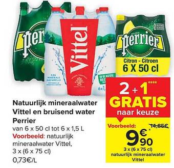 Carrefour Natuurlijk mineraalwater vittel en bruisend water perrier aanbieding